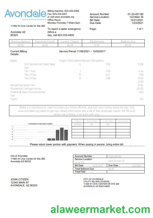 USA Arizona The City of Avondale Water utility bill template in Word and PDF format